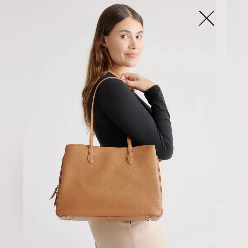 Quince Italian Leather Triple Compartment Work Tote.